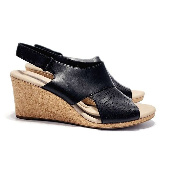 Clarks Lafley Joy New Women's Black Leather Wedge Comfort Sandal Size 10 Wide - Picture 3 of 10